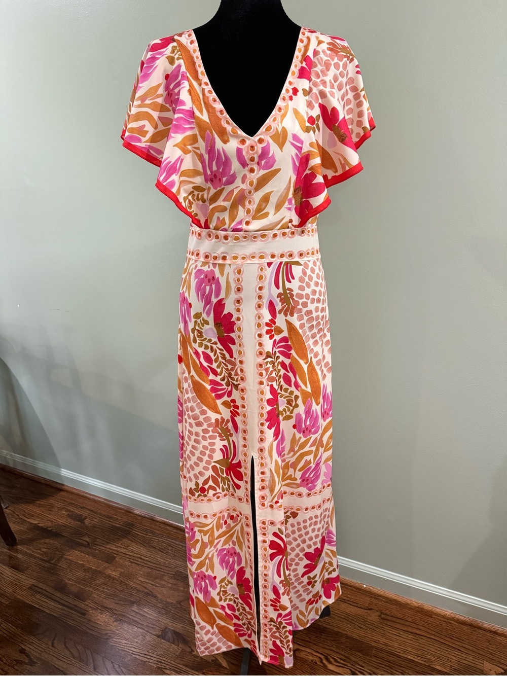 Women's Floral V-Neck Pink & Orange Maxi Dress